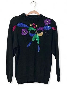 Vintage NOS Mister Noah Black Embellished Sequined Floral Ribbon Mock Neck SMALL